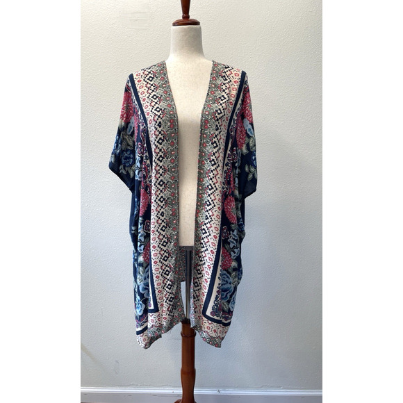 Angie Kimono Wrap Cardigan Womens Size S Blue Floral Open Front - Picture 1 of 7